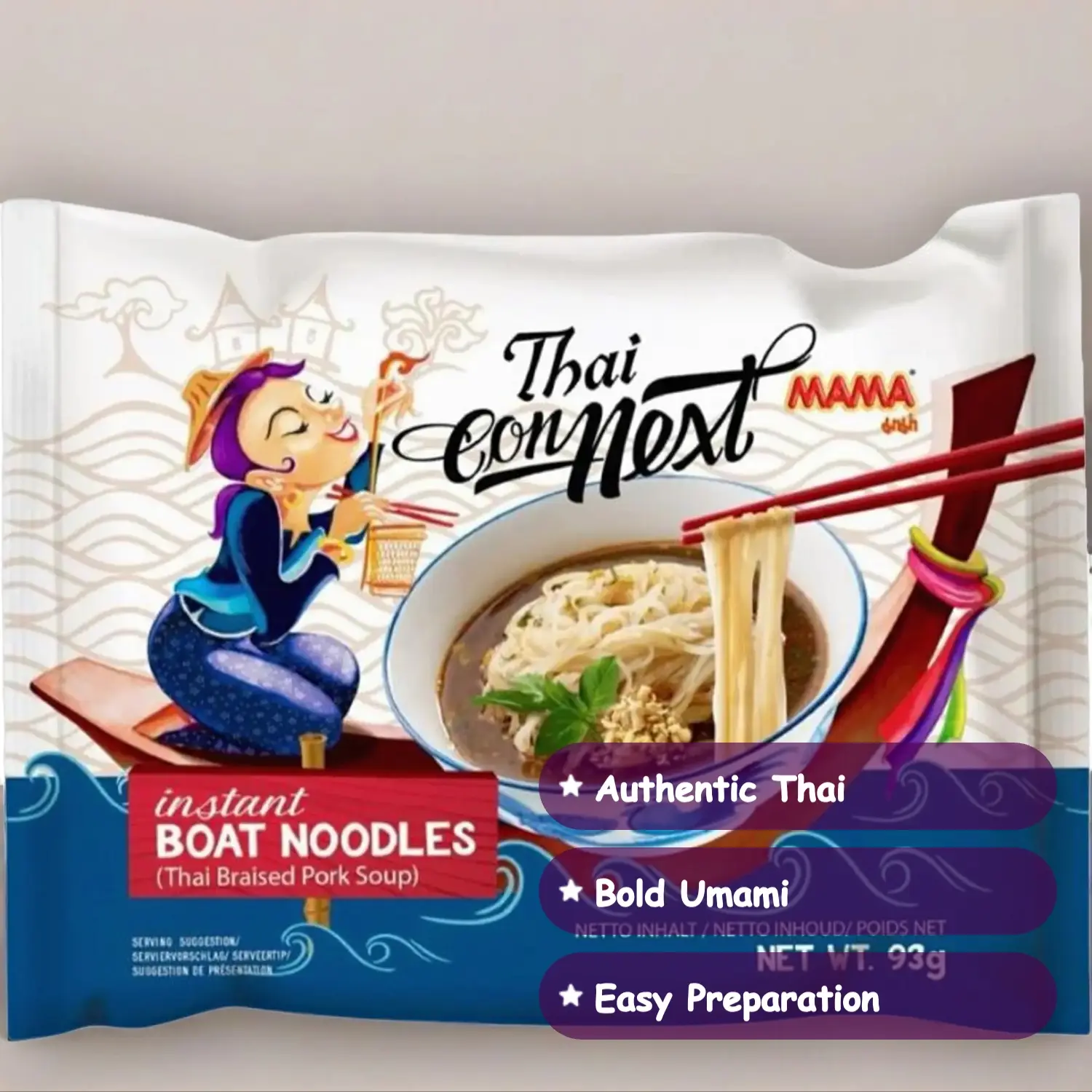 Mama Thai Connect Boat Noodles Rich and Savory Thai Style Soup Noodles, 5 Packs x 93g Each Food Chewy