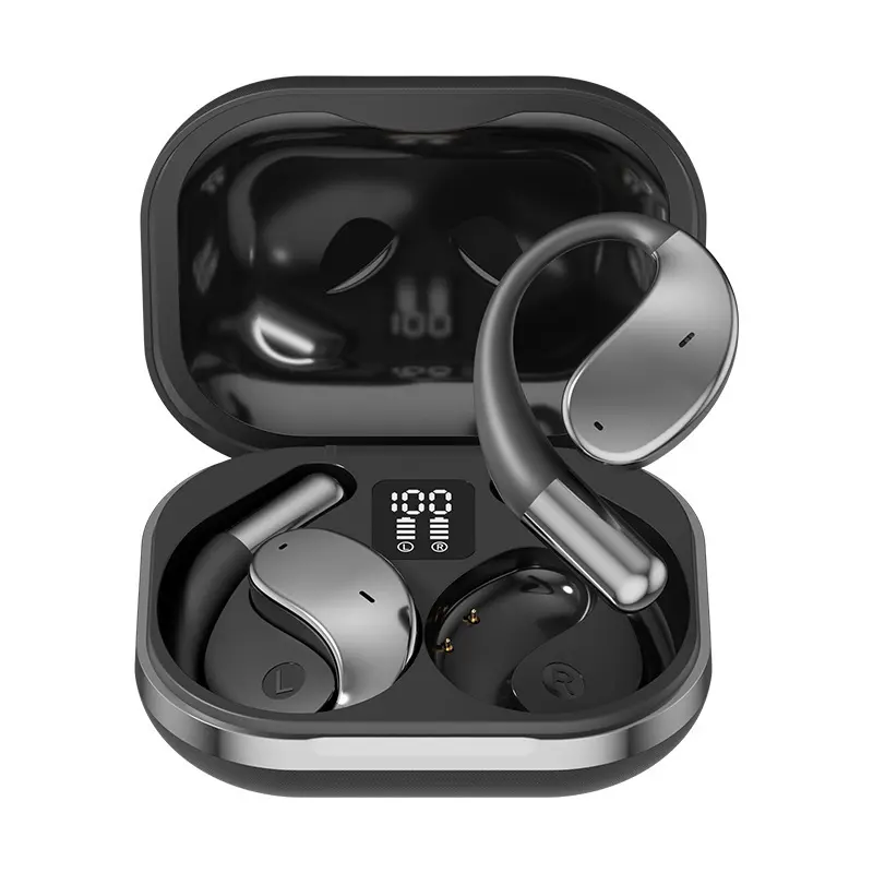 Wireless open-ear earbuds, OWS floating earphones, Bluetooth 5.49 ear-hook sports bone conduction headphones with LED display and hook design, suitable for workouts/running and outdoor exercise, earband microphone, ear-hook trucker driver headset.