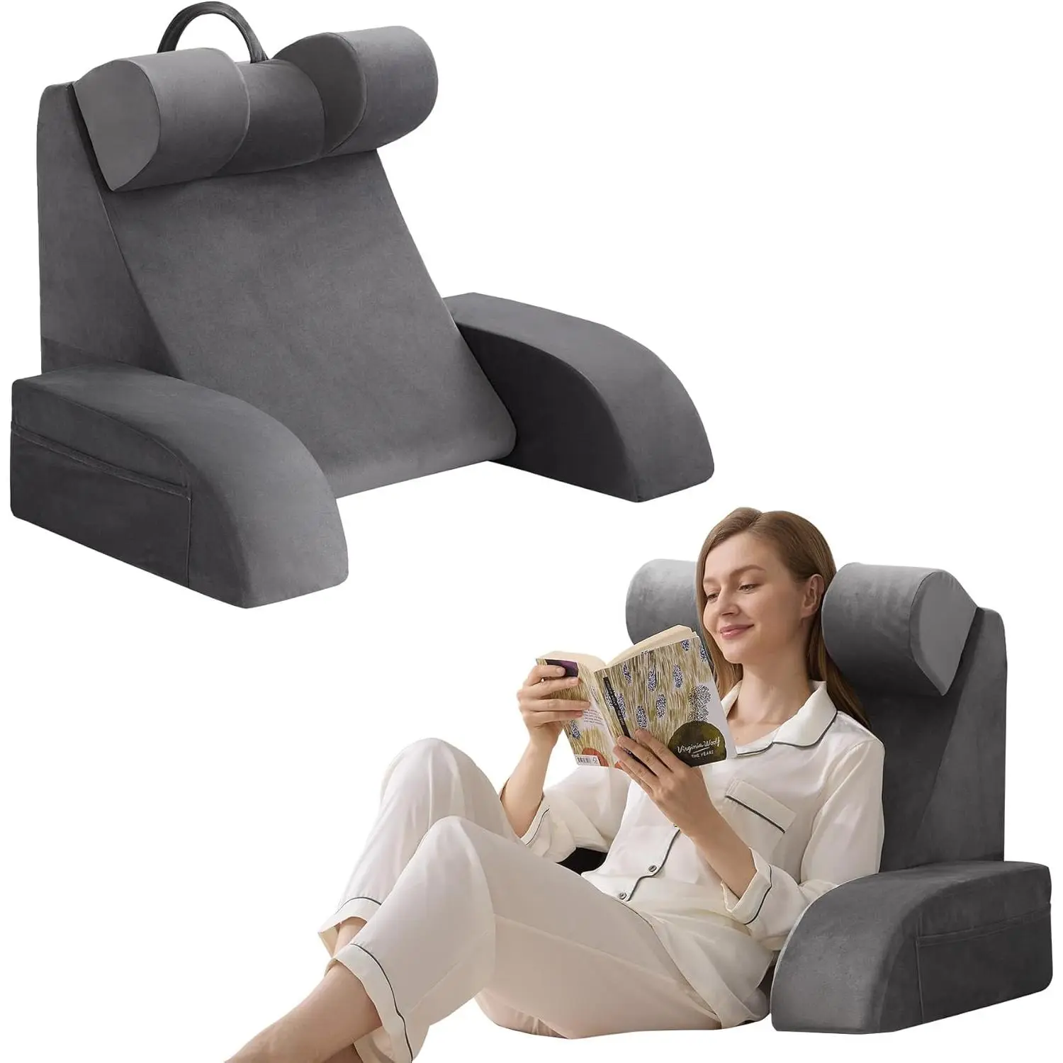 Reading pillow for adults sitting in bed, backrest pillow with arms, back support pillow for gaming, lounging, watching TV, medium size (19"), gray