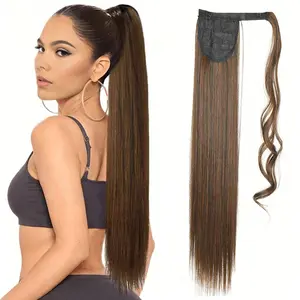 26-inch long extended straight & curly synthetic ponytail with multi-color hair clips, suitable for women's daily wear and can be attached to wigs