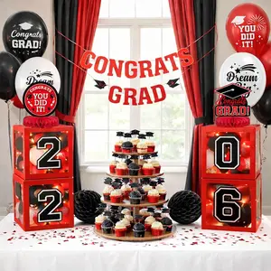 Graduation Decorations Class of 2026 Red and Black Balloon Boxes for High School & College Congrats Grad Party Table Decorations with 4 String Lights GRAD and So Proud of You Letters