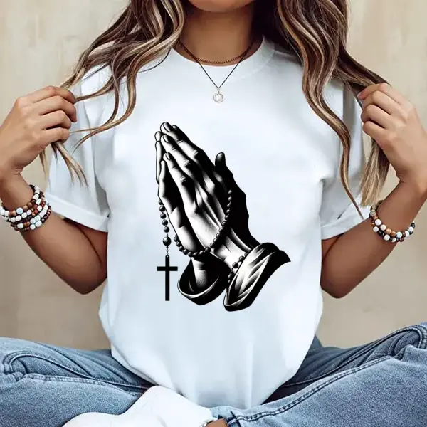 Women's Spiritual Praying Hands with Cross T-Shirt, Black & White Religious Graphic, Great Gift For Church Members and Faith Lovers