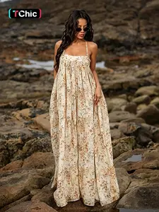 Backless Loose Long Printed Bohemian Summer Vacation Dress, Casual Fashionable Dress, Womenswear, Casual Fitted Sleeveless Design, All over Print Pattern, Perfect for Relaxing Days, Boho