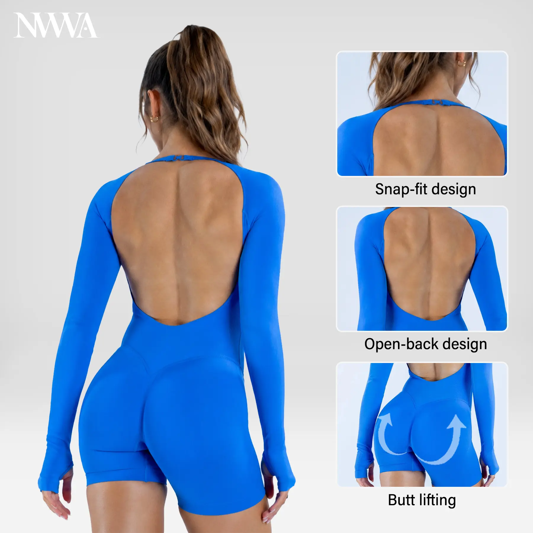 Women's Long Sleeve Workout Jumpsuit, High-Stretch Skinny Unitard for Fitness, Tummy Control Shapewear with Butt-Lifting & Built-in Pads