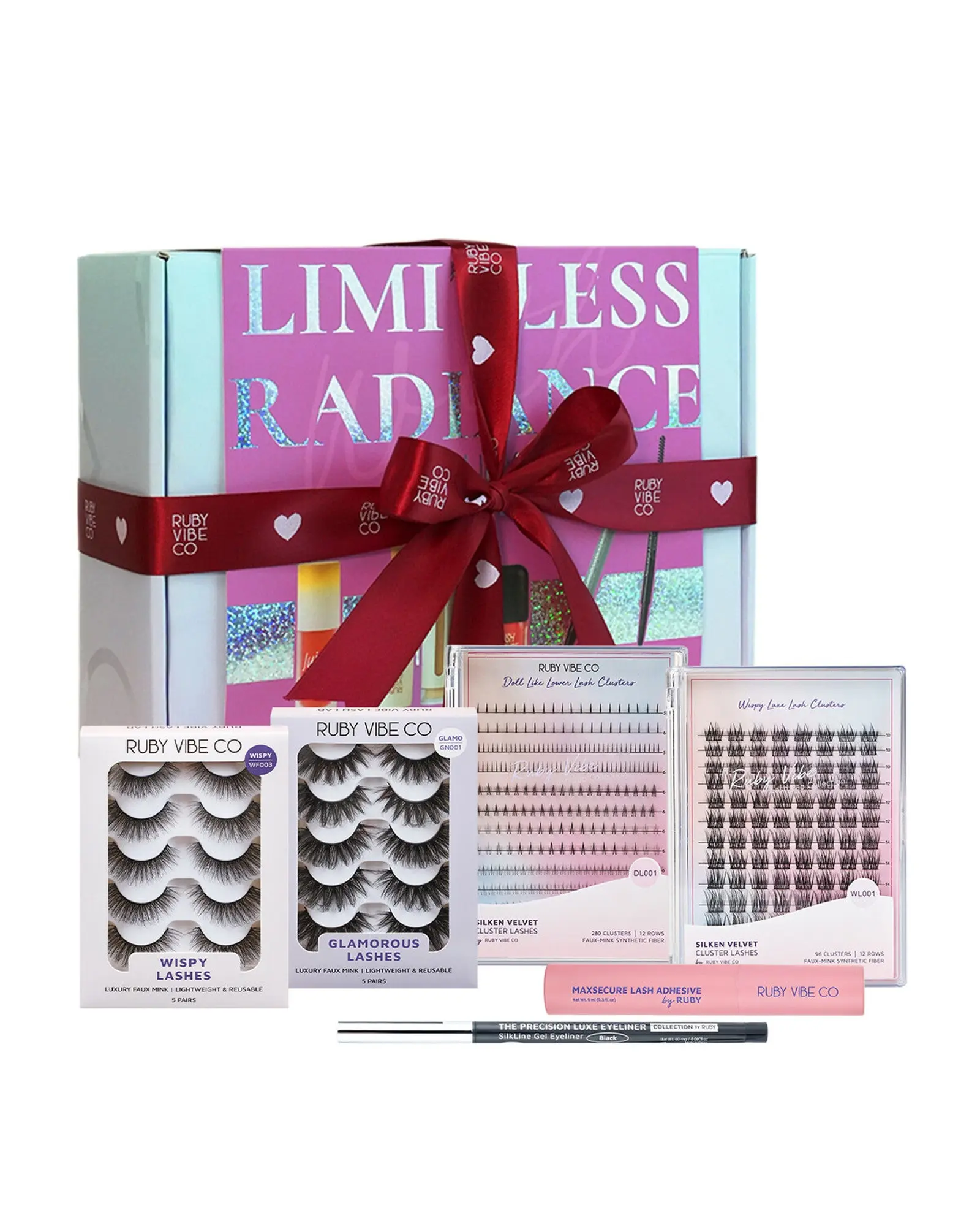 [RUBY VIBE CO] Luxe Lash Collection Gift Set | Faux Mink Strip & Cluster Lashes with Adhesive & Precision Eyeliner