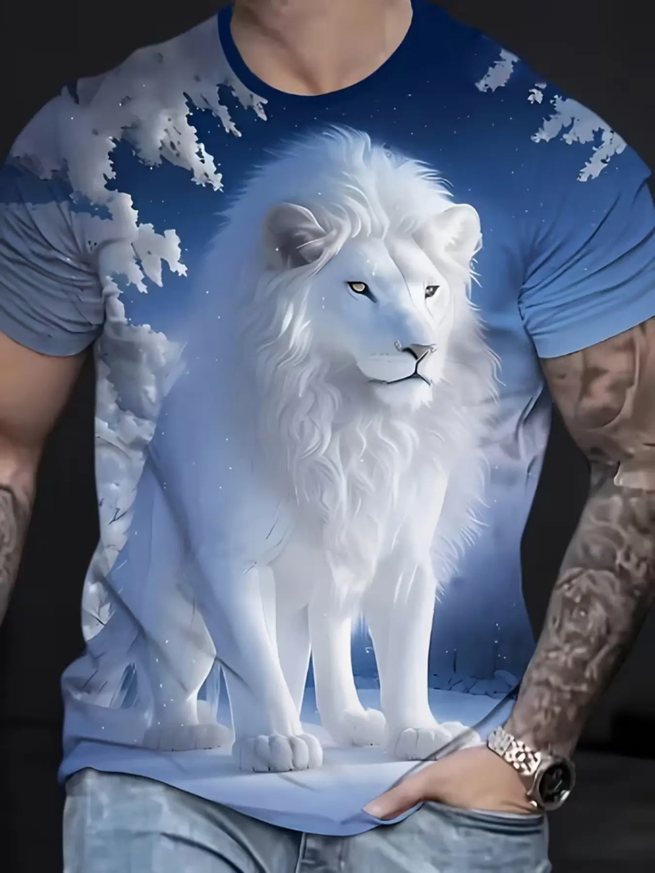 Men's Casual Sporty Streetwear 3D Lion Print Classic T-Shirt, Casual Comfy Tee, Breathable Round Neck Regular Fit, Summer Top, Cool Gift, Menswear