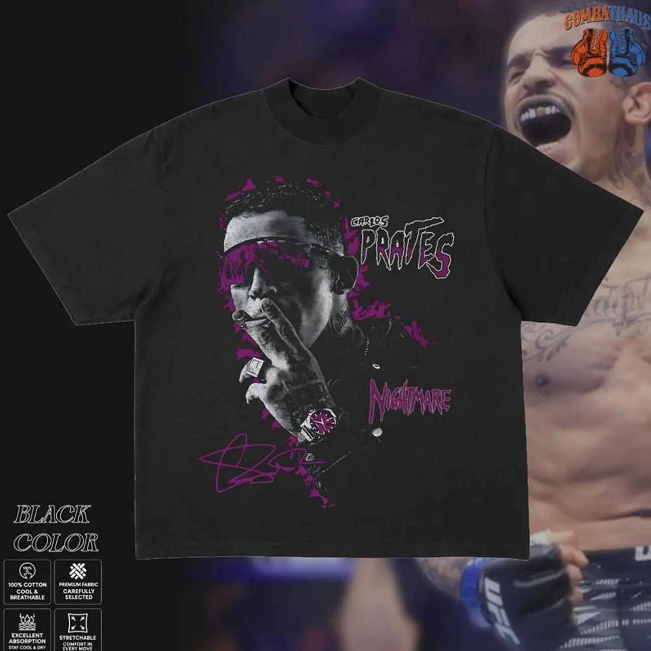 Carlos Prates Purple Nightmare Edition T-Shirt for Summer, Vintage UFC Fighter Tee, UFC heavy Combat Streetwear Shirt, Muay Thai & Hip-Hop Fusion Tee, Cotton Oversized MMA Shirt, Gift for Men & Women, Sport Graphic Apparel TLO