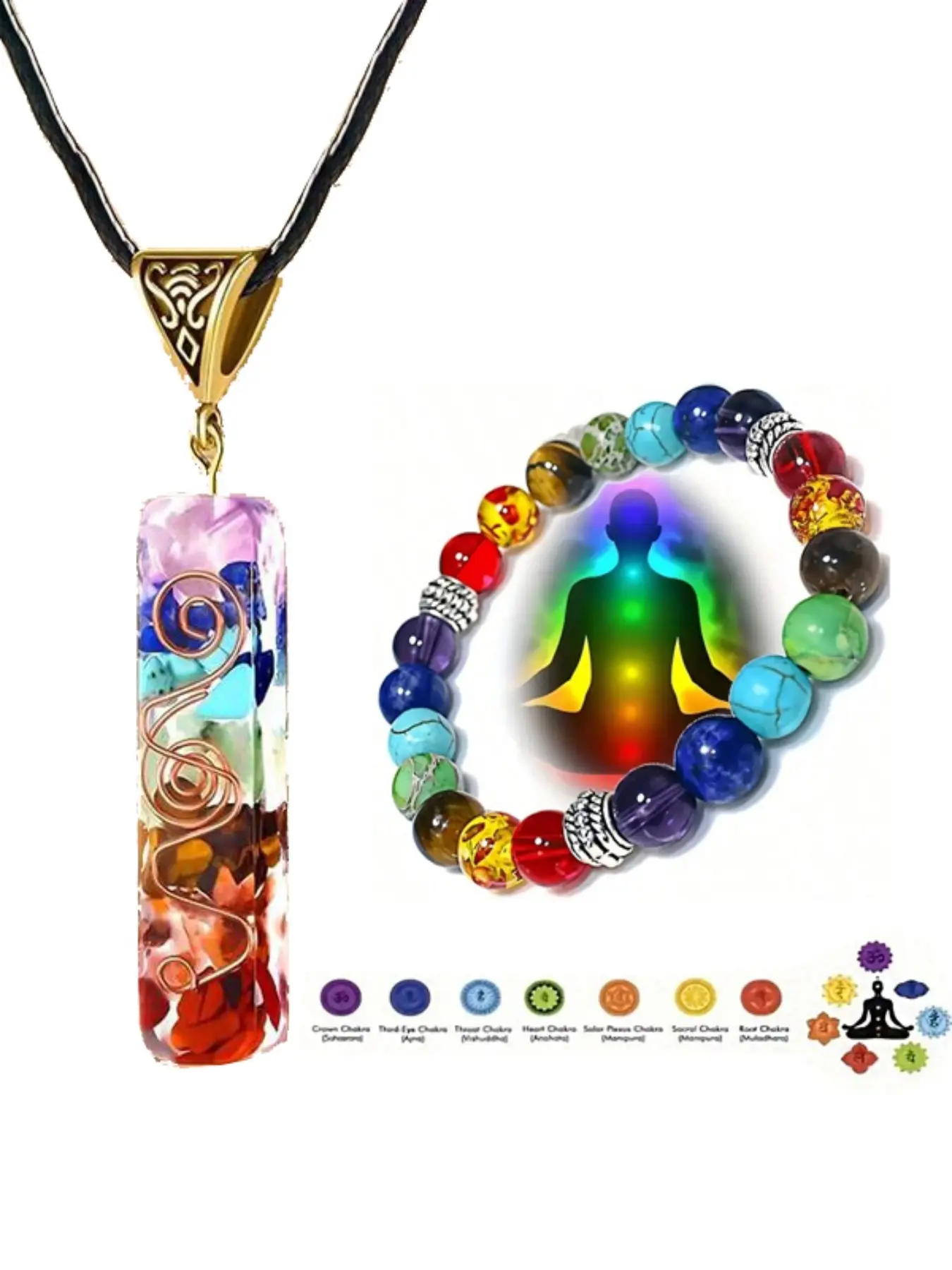 Seven Chakra Energy Crystal Beaded Bracelet and Necklace Set, Natural Crystal Set, Multi-Gemstone Pendant, Rainbow Crystal Pendant Yoga Meditation Necklace, Spiritual Gift, Unisex, Birthday Gift, Christmas Gift