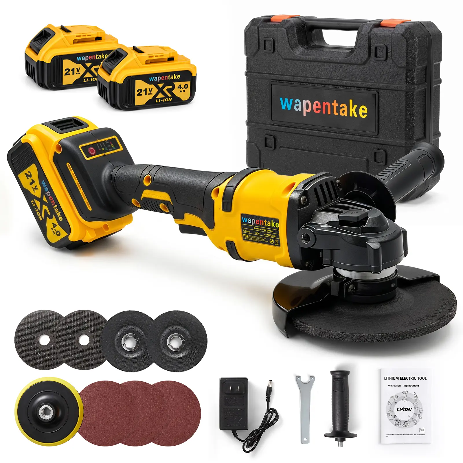 Wapentake 21V Brushless Cordless Angle Grinder Kit, 15000mAh Battery, 3 Variable Speed, Grinding Wheels & Accessories for Home DIY, Cutting, Polishing, Rust Removal