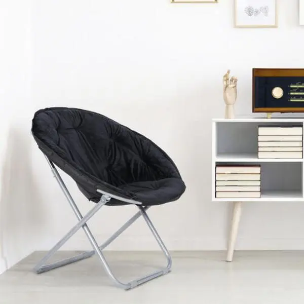 JupiterForce Oversized Round Single-Person Foldable Ergonomic Soft Faux Fur Moon Saucer Chair - Sturdy Metal Frame, 242lbs Capacity, Folding Indoor Furniture for Living Room, Rec Room & Other Spaces