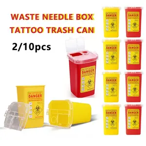 2/10pcs Portable Flip-Top Sharps Container，mini bin, Plastic Bin, Garbage Bin，Waste Box，Tattoo Trash Can- Small Disposal Bin (6"x4"x3") for Tattoo Parlors, Barbershops, Offices, Home & Travel Use，red & yellow
