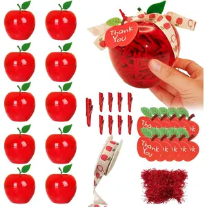 10 Sets Large Plastic Apple Containers for Teacher Appreciation Gifts – Red Apple Shaped Candy Jar with Thank You Cards, Apple Ribbon Raffia for Teacher Appreciation Week & Graduation Party Decoration