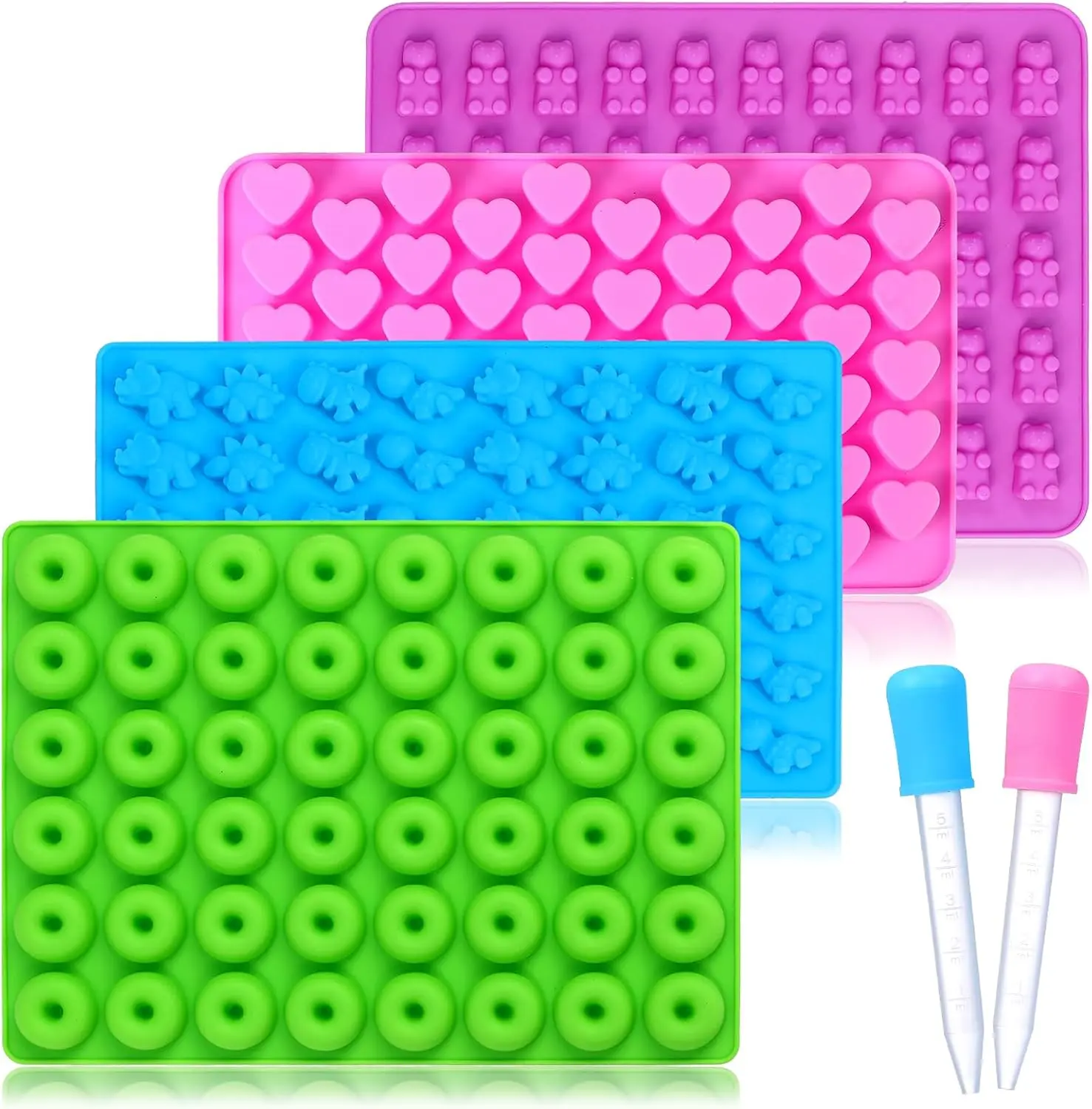 Candy Molds , with 2 Droppers, Non-Stick  Candy Molds Including Mini Dinosaur, Bear Shape, Hearts and Mini Donut, Set of 4