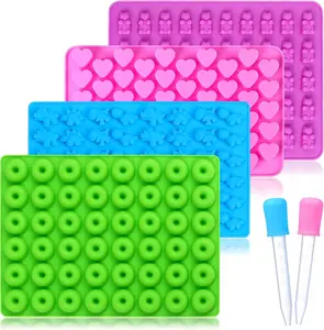 Candy Molds , with 2 Droppers, Non-Stick  Candy Molds Including Mini Dinosaur, Bear Shape, Hearts and Mini Donut, Set of 4