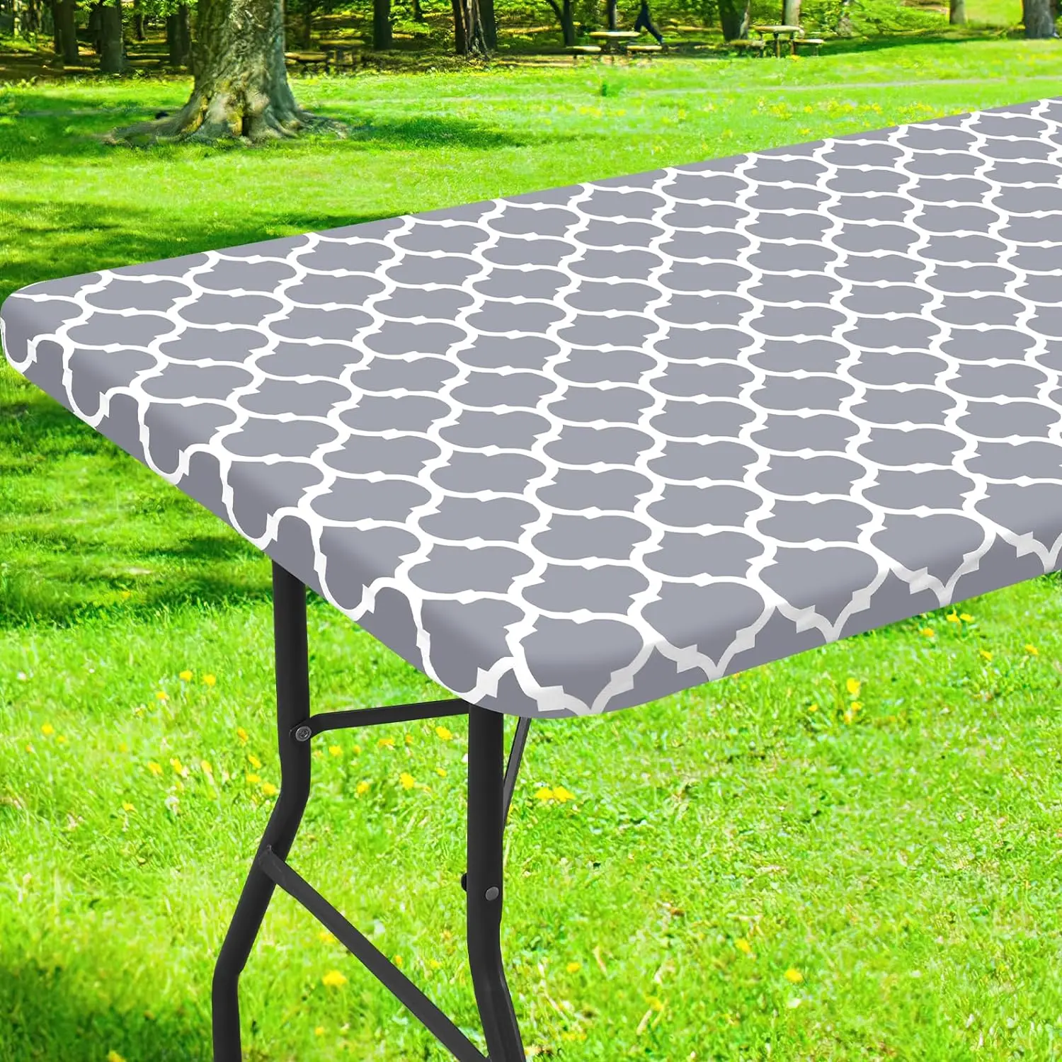 Rectangle Picnic Tablecloth, Waterproof Elastic Fitted Table Covers for 6 Foot Tables, Wipeable Flannel Backed Vinyl Tablecloths for Camping, Indoor, Outdoor (Grey Morocco, 30x72 Inches)