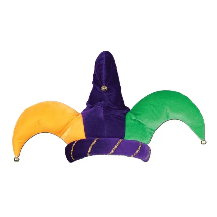 Beistle Plush Fabric Jester Party Hat - Gold, Green, Purple, Bell Tip, Gold Roping, 1 Size Fits Most, Unisex Adult, High-Quality Novelty Mardi Gras Occasion Accessory, Accessories, Bells