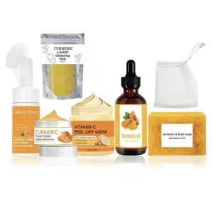 MIAOFUTONG Turmeric Skin Care Kit 6-Piece Set with Cleansing Pads Soap Mousse Cleanser Oil Vitamin C Peel Off Mask & Soap Bag Total Care for Women Men Moisturizing Turmeric Glow Brightening Kit