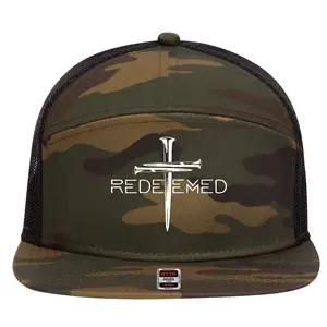 Redeemed Jesus Christ Died For My Sins 3 Nails Cross Christian Catholic 7 Panel Mesh Trucker Snapback Hat - Christian Faith Statement