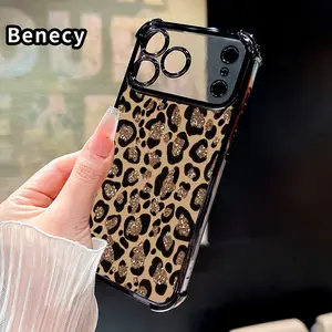 Four-corner Thickened Mobile Phone Case for iPhone 17 Pro Max 16 15 Plus Air 14 13 12 11 E Glistening Leopard Print border Electroplating with counter-fall Safety Cushion