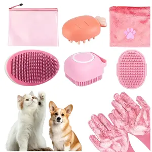 Dog Grooming Kit for Shedding – 6/7Piece Pet Grooming Supplies with Deshedding Brush, Bath Gloves, Towels & Silicone Toothbrush | Ideal for Dogs, Cats, Small and Large Pets (Blue/Pink)