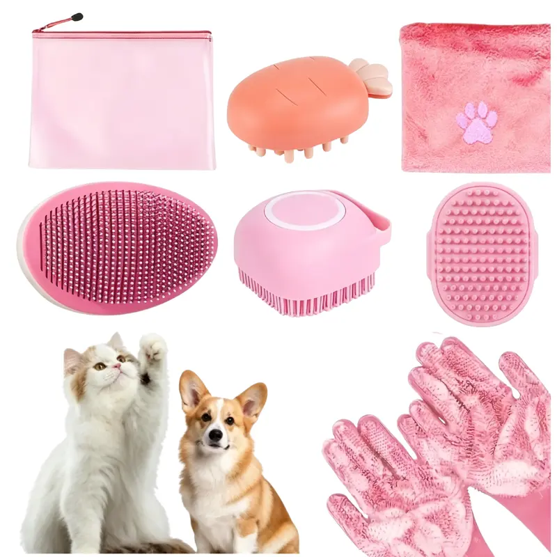 Dog Grooming Kit for Shedding – 6/7Piece Pet Grooming Supplies with Deshedding Brush, Bath Gloves, Towels & Silicone Toothbrush | Ideal for Dogs, Cats, Small and Large Pets (Blue/Pink)