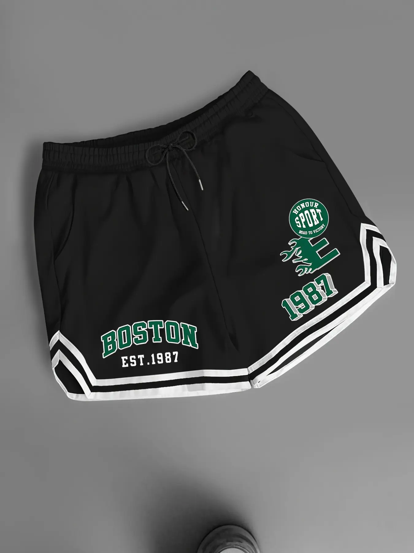 Men's Boston EST.1987 Retro Varsity Shorts, Green & White Striped Hem & Boston Sport Logo Print Black Drawstring, Boston Celtics Inspired Athletic Streetwear, Soft Breathable Mesh Loose Fit Shorts, Premium Mesh Shorts, Perfect for Game Days