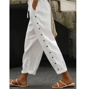 Cotton Linen Pants for Women Summer Casual Capri Pants Waist Elastic Comfy Loose Women's Palazzo Trousers with Pockets 2025
