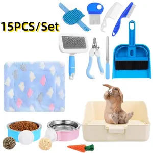 Set Of 15 Rabbit Starter Kit Small Rabbit Litter Box Kit Bunny Toys Bowl Blankets with Cleaning Set for Guinea Accessories
