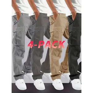 4-Pack Baggy Cargo Pants, Loose Fit Cuffed Cargos Pants with Multi Pockets & Drawstring, Machine Washable Fabric, Ideal for Outdoor Activities (Spring & Autumn) Set1 Menswear Trousers