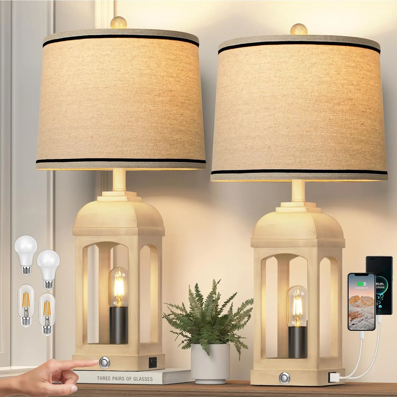 Table Lamp for Living Room, Farmhouse Lamps Set of 2 with USB A+C and Nightlight, 26" Rustic Bedside Lamps with 3-Way Dimmable, Touch Nightstand Lamp for Bedroom