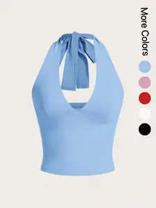 Women's Solid Knot Back Halter Crop Tank Top, Fashion and Trends Casual Deep V Neck Sleeveless Top for Summer, Ladies Clothes for Daily Wear, Womenswear