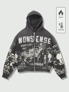 Street Style Zipper Hoodie, Cartoon Graffiti Print Nonsense Streetwear, Loose Fit Fall & Winter Fashion, All over Pop Art Design Sweatshirts