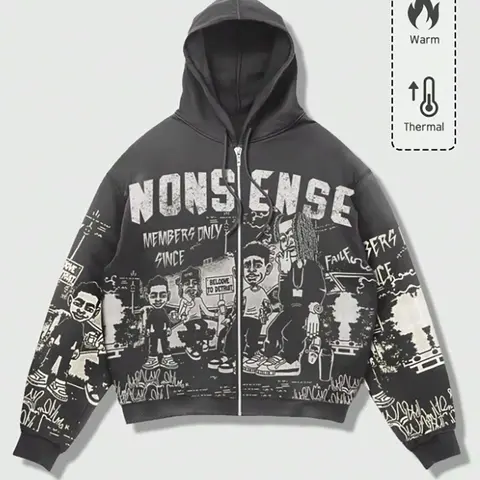 Street Style Zipper Hoodie, Cartoon Graffiti Print Nonsense Streetwear, Loose Fit Fall & Winter Casual Fashion Long Sleeve, All over Pop Art Design Sweatshirts, Full Print Hoodie, Casual Hooded Sweatshirt, Printed Hooded