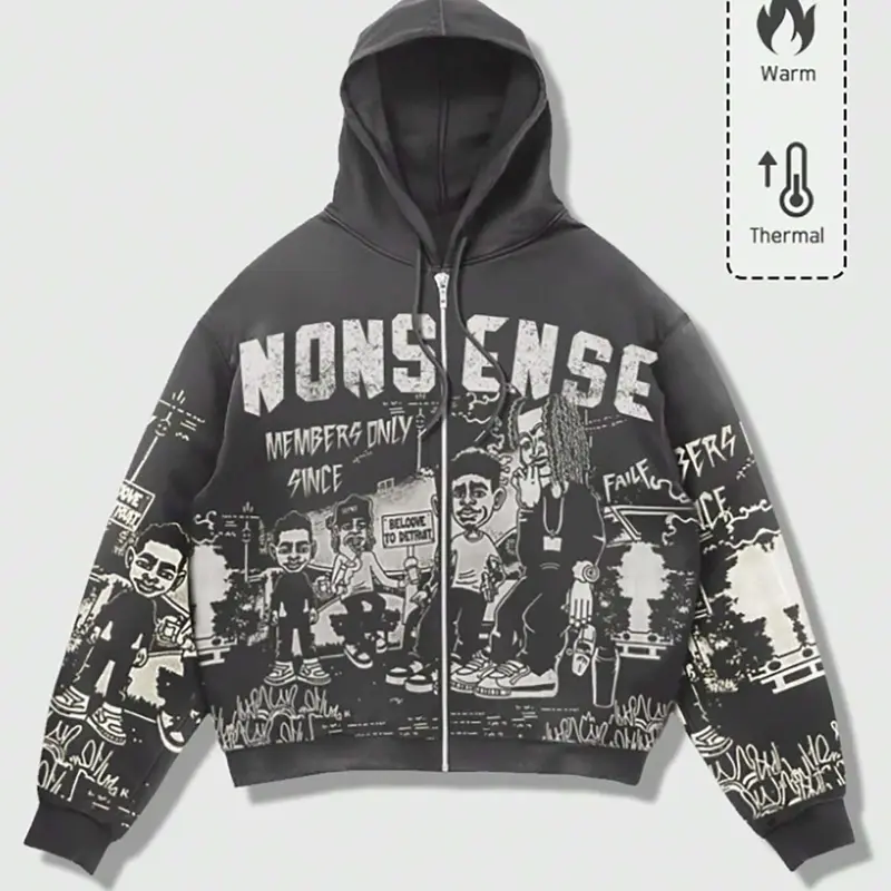 Street Style Zipper Hoodie, Cartoon Graffiti Print Nonsense Streetwear, Loose Fit Fall & Winter Casual Fashion Long Sleeve, All over Pop Art Design Sweatshirts, Full Print Hoodie, Casual Hooded Sweatshirt, Printed Hooded
