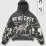 Street Style Zipper Hoodie, Cartoon Graffiti Print Nonsense Streetwear, Loose Fit Fall & Winter Casual Fashion Long Sleeve, All over Pop Art Design Sweatshirts, Full Print Hoodie, Casual Hooded Sweatshirt, Printed Hooded