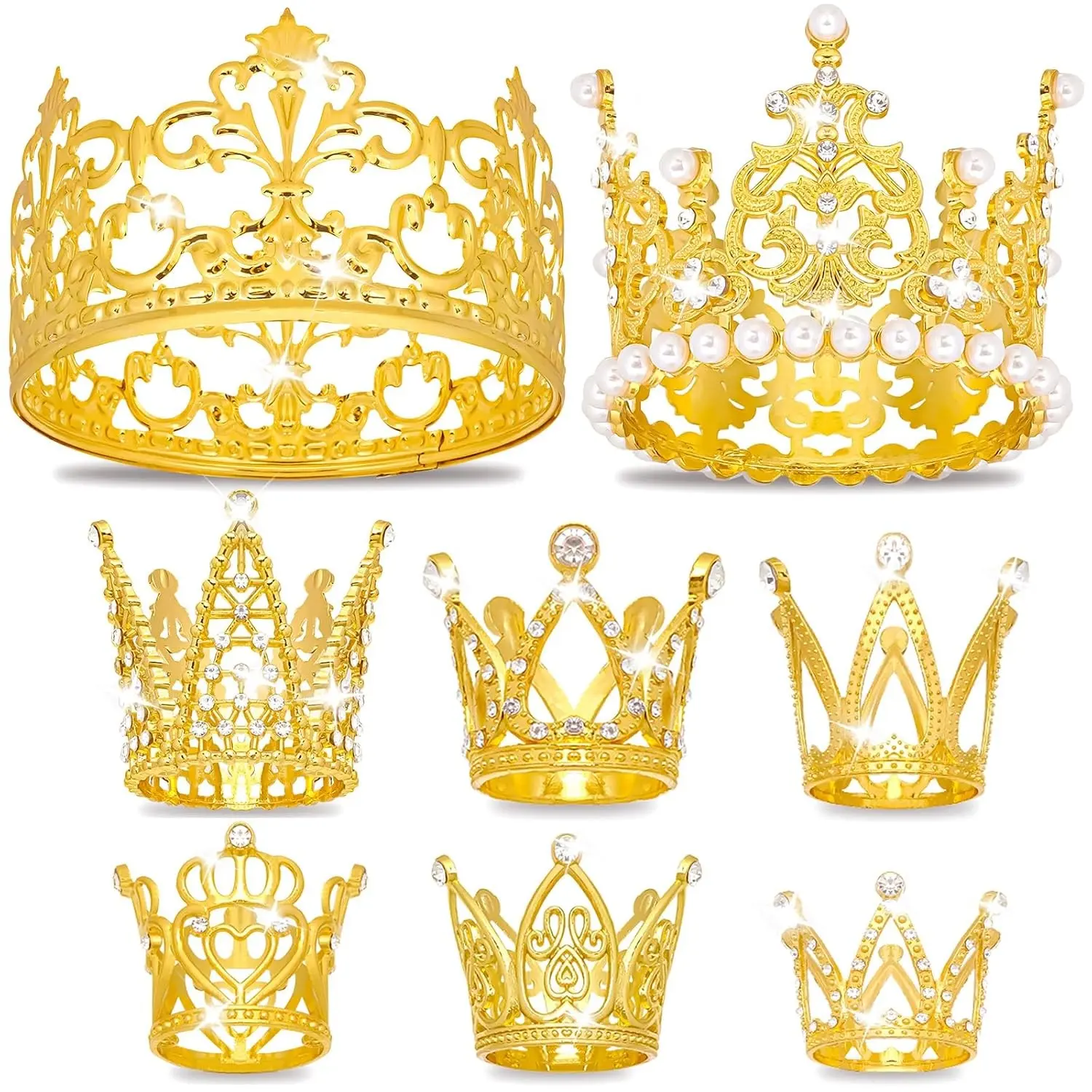 8 Pcs Mini Gold Crowns Set - Small Crowns for Cake, Cupcake & Flower Bouquet Decorations Ideal for Valentine's Day, Mother's Day, Birthday, Wedding & Anniversary
