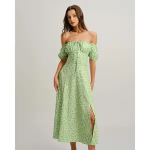 Green Floral Square Neck Puffed Sleeve Midi Dress