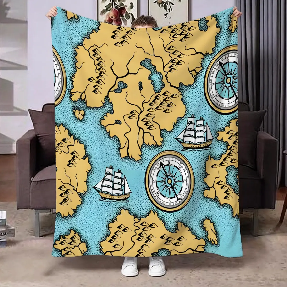 Nautical Map Compass Sailboat Print Blanket, Soft Comfortable Lightweight Throw, Ideal for Bedroom Office Sofa Outdoor, Versatile Gift