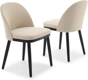 Set of 2 Modern Dining Chairs, Linen Upholstered, Thick Cushioned Seat, Curved Backrest, Sturdy Wood Legs, Accent Side Chairs for Dining Room, Living Room, or Cafe