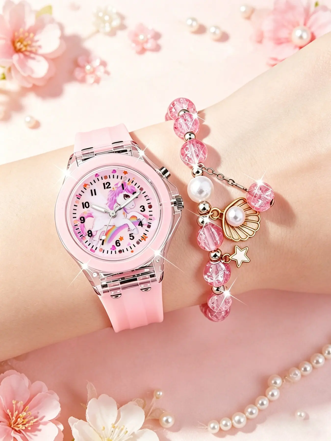 Fashionable Cute Glowing Quartz Watch and Beaded Bracelet, Bracelet Watch Set, Silicone Strap, Unicorn Pattern, Perfect for Daily Use, Party, Travel, Birthday Gift