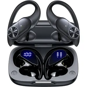 F-HPS14  Bluetooth Headphones Wireless Earbuds 80hrs Playtime Wireless Charging Case Digital Display Sports Ear Buds with Earhook Deep Bass IPX7 Waterproof Over-Ear Earphones for TV Phone Laptop Black