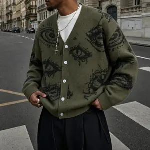 Mens Y2K Streetwear Big Eye Graphic Knit Cardigan Vintage Halloween Costume V Neck Button Up Sweater Casual Relaxed Fit Fall Winter Grunge Tops Olive Green S-XL