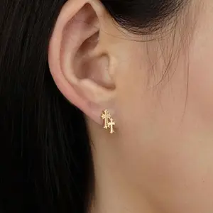 Gold Double Cross Stud Earrings for Women and Men 14K Gold Plated Double Piercing Cross Earrings Lightweight Accessory Earring