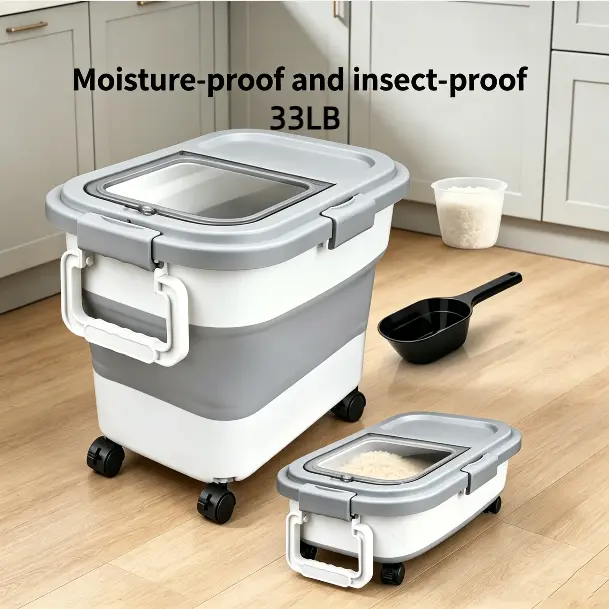 Large Capacity Square ABS Plastic Dog Food Storage Bucket with Wheels for Easy Movement - Closed Seal, Moisture-Proof, Insect-Proof, Foldable, Measuring Cup for Home Cat & Dog Dry Food