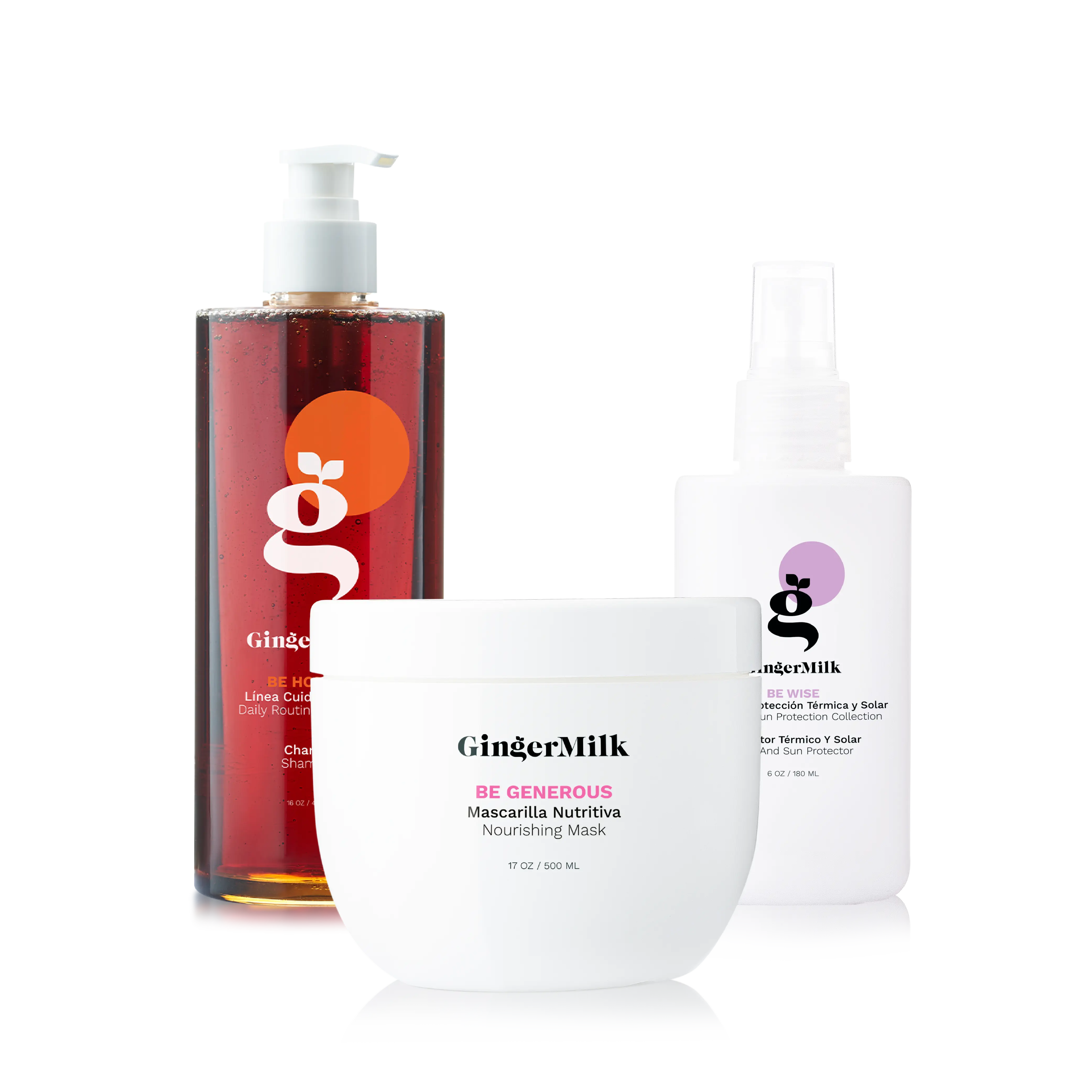 Nutrition & Hydration Kit | Be Honest Shampoo 16 oz + Be Generous Mask 17 oz + Be Wise Heat Protector 6 oz | Deep Nourishing & Antioxidant Care for All Hair Types | Ginger Milk