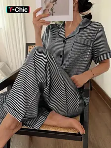 Women's Striped Print Button Front Short Sleeve Top and Bow Tie Long Pants Pajama Set Loungewear, Casual Home Wear, All Seasons