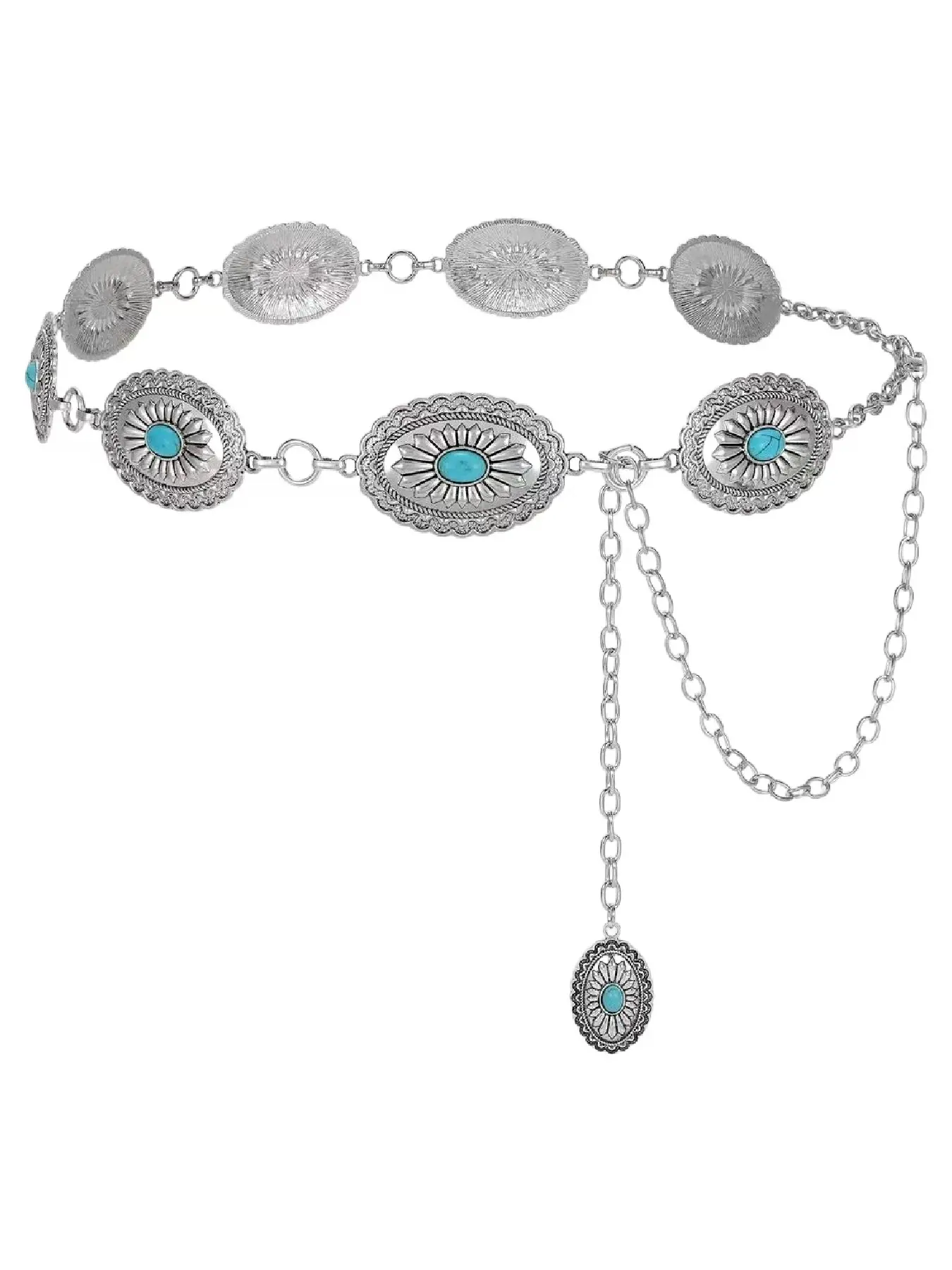 Women's Turquoise Waist Belt, Boho Style Metal Chain, Stylish Belts, Statement Belts, Suitable for Dresses & Jeans, Casual Fashion Accessory, All Seasons Wear, Sparkling Western Belt, Cowboy Cowgirl Belt, Cowgirl Belt