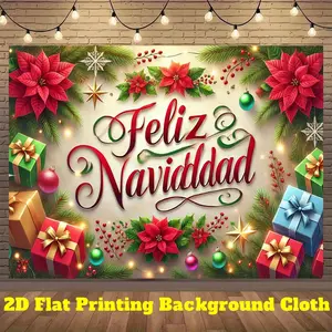 Heavy-Duty Polyester Feliz Navidad Christmas Banner - 2D Flat Printing, Red Poinsettias & Gifts Design, Durable Easy-Hang All-Season Textile Decoration, Multi-Occasion Use for Weddings, Wedding