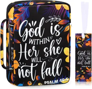 Bible Cover for Women 10 Floral Portable Protective Case | Bible Study Bag with Handle (Leaves Style, Black)