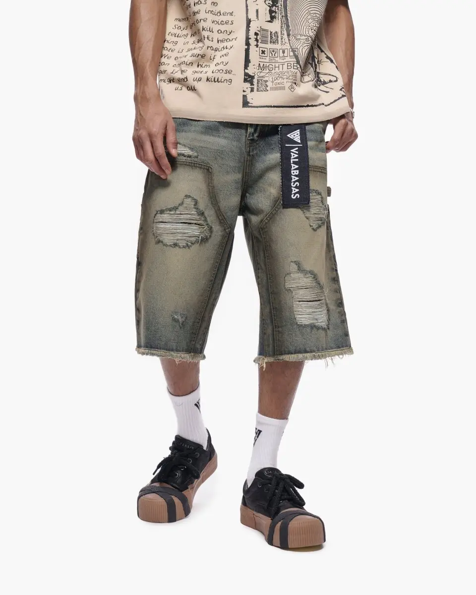 Men's Ripped Denim Jorts, Relaxed Fit Streetwear Shorts with a Vintage Wash, Heavy Distressing, and Raw Hem, Aesthetic, Ripped Shorts Style, Dirty Vintage Washed
